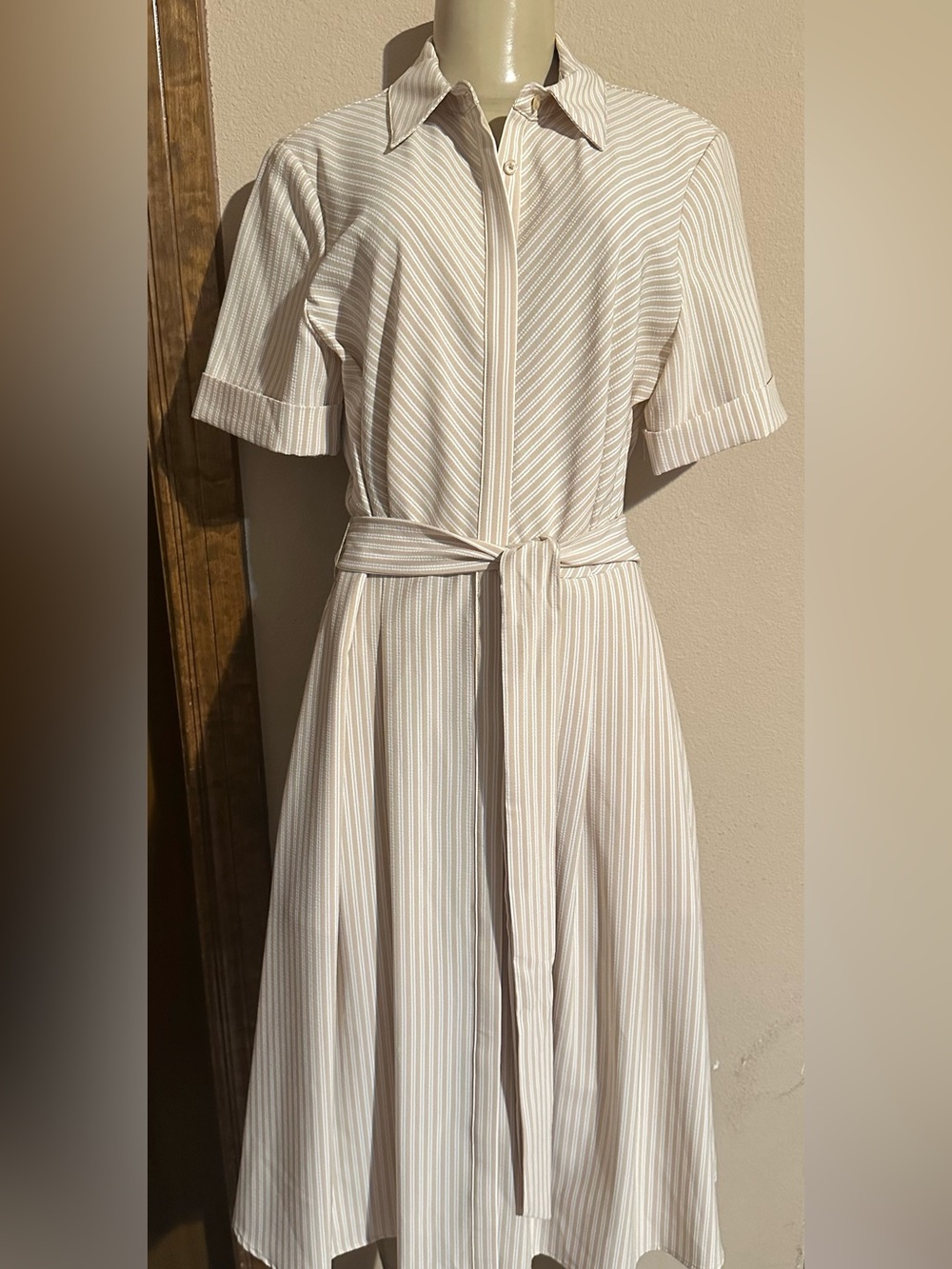 Alex Marie Beige and White Striped Midi Shirt Dress